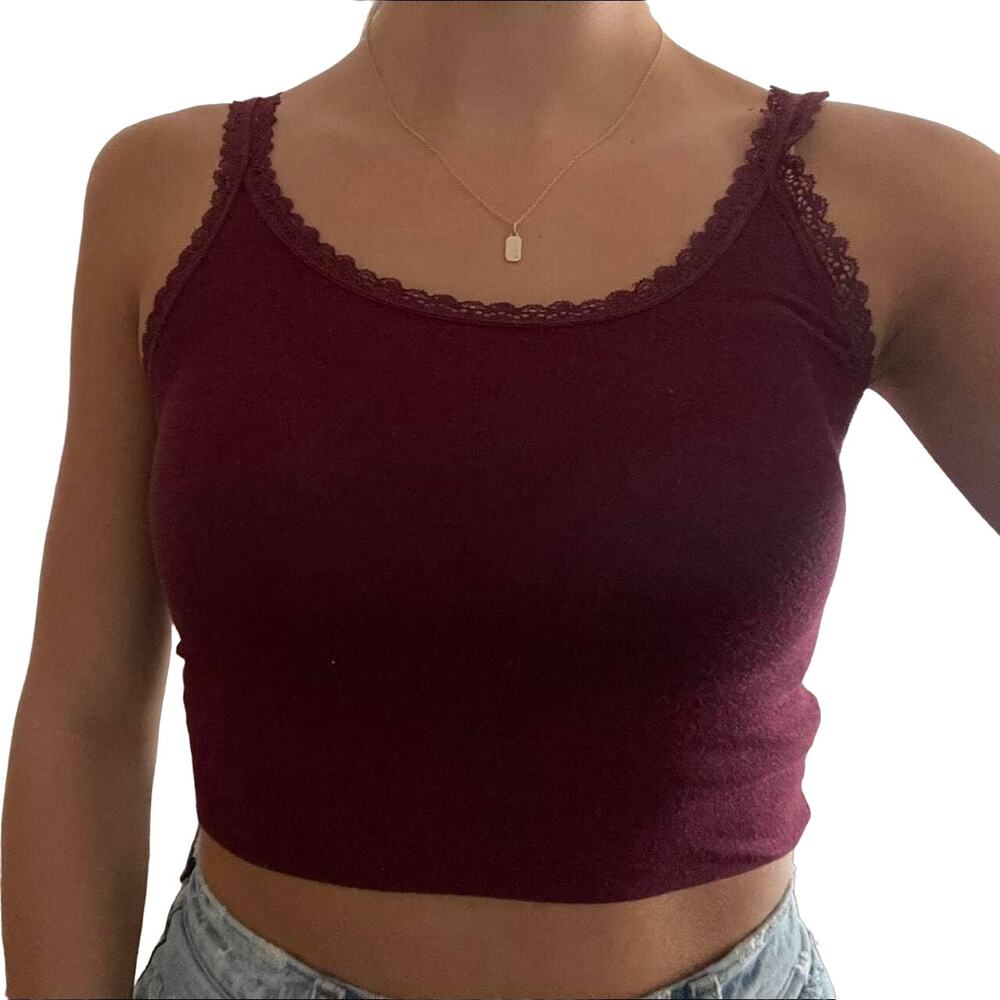 American Eagle S Maroon Ribbed Lace Trim Cropped Cami Tank Top